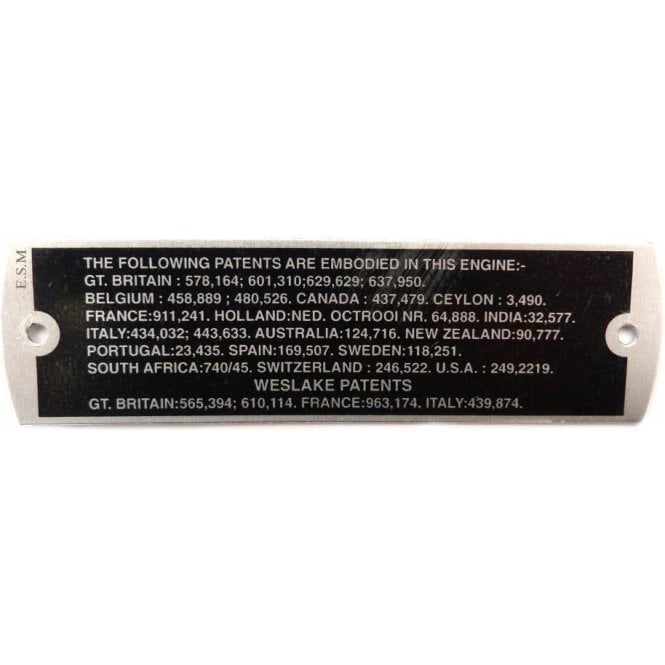 Rocker Cover Aluminium Badge "PATENTS" (1965 on)