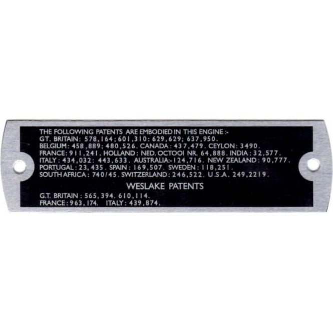 Rocker Cover Aluminium Badge "PATENTS" (Up to 1965)
